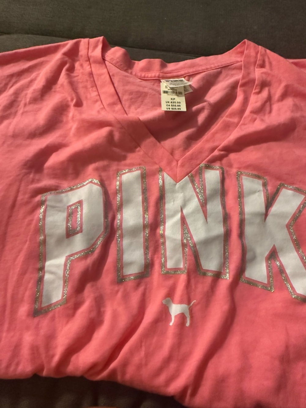 PINK Victoria's Secret Girls' Pink V-Neck Tee with Glitter-Trim Logo